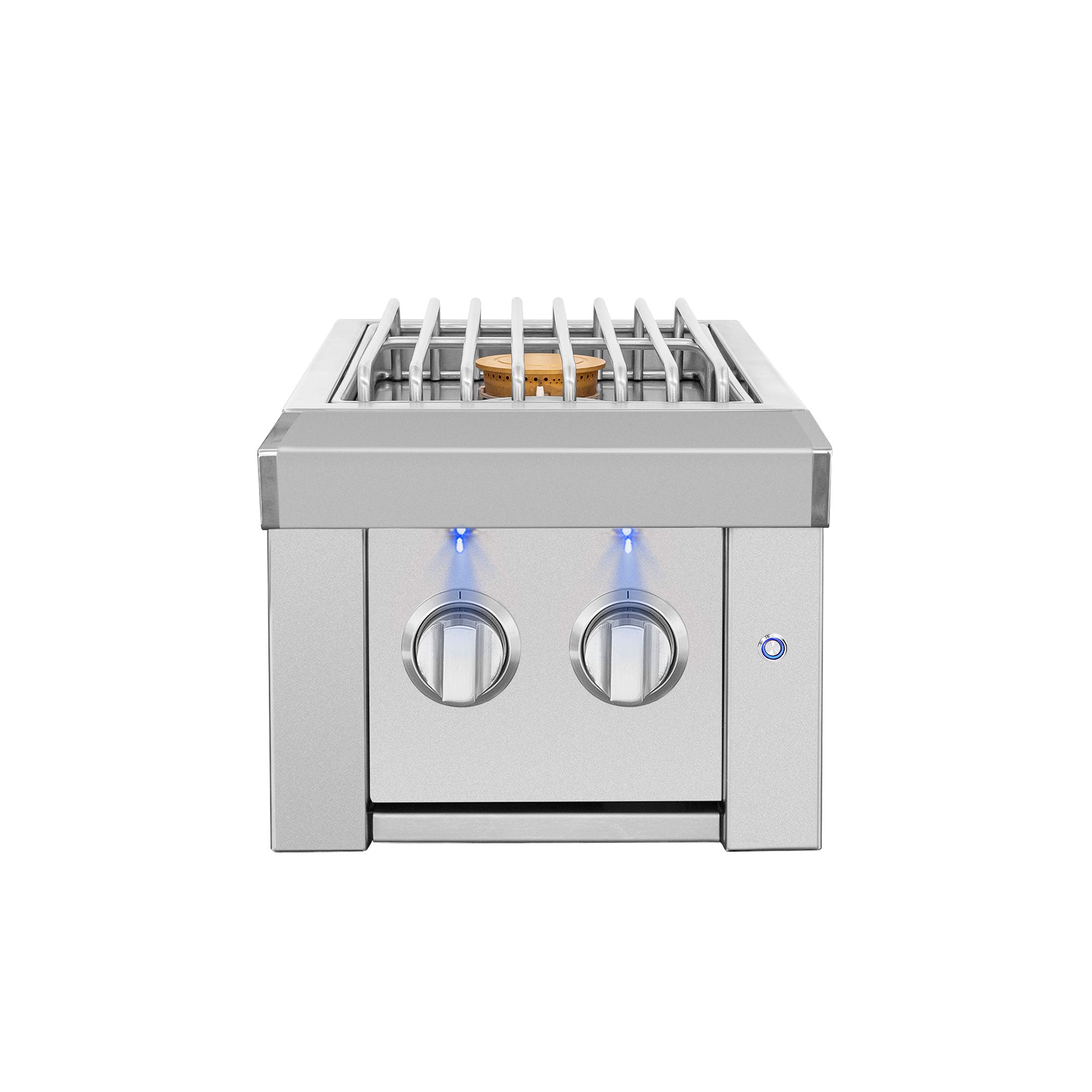 Estate Double Side Burner, lid open, front view