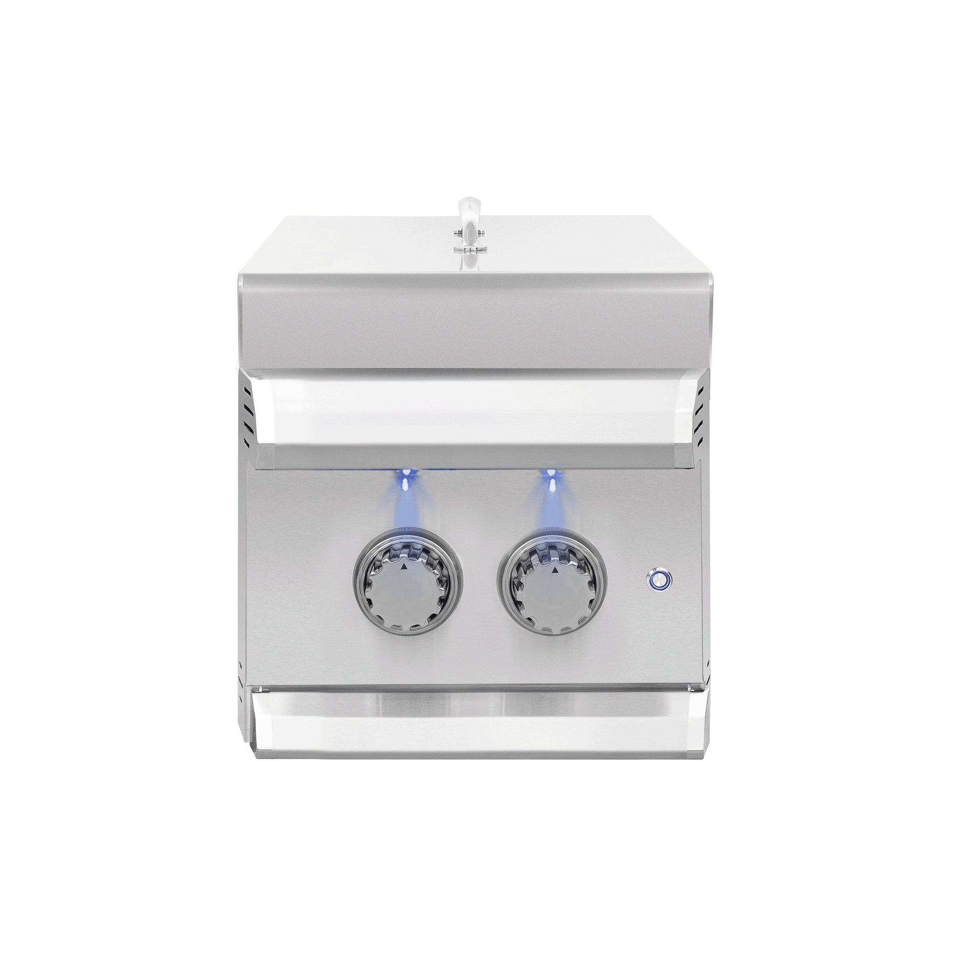 Muscle Double Side Burner, protective stainless lid in place, front view