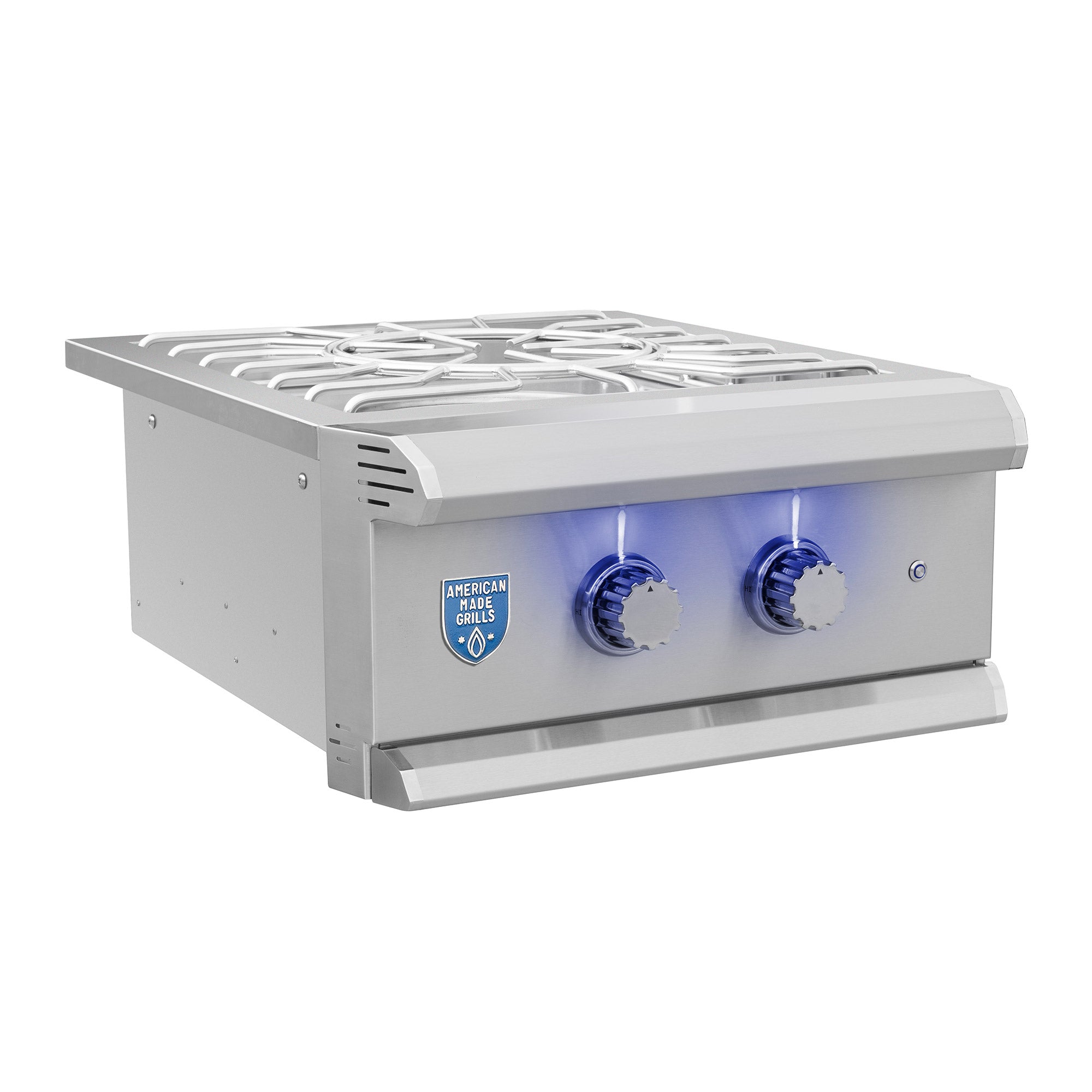 Muscle Power Burner, angled front view showing LED-lit knobs