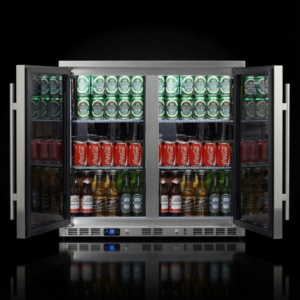 KingsBottle 36-Inch Beverage Refrigerator, front view with both doors open, stocked with canned and bottled beverages