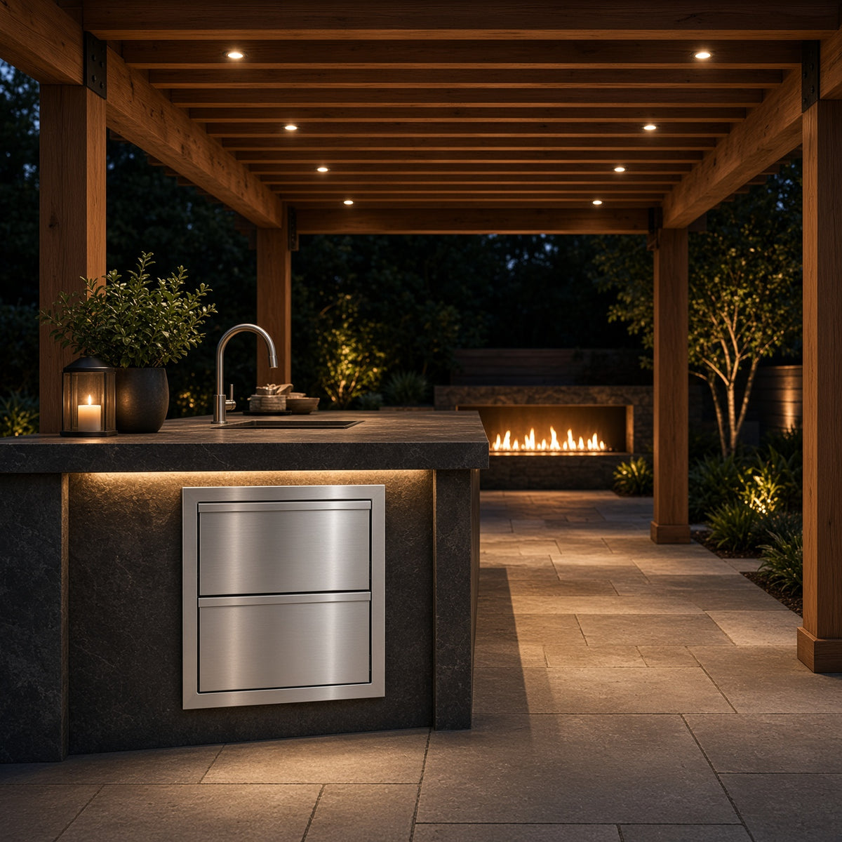 AMG 18-Inch Deluxe 2-Drawer unit installed in an outdoor kitchen island under a pergola, with a linear fireplace in the background