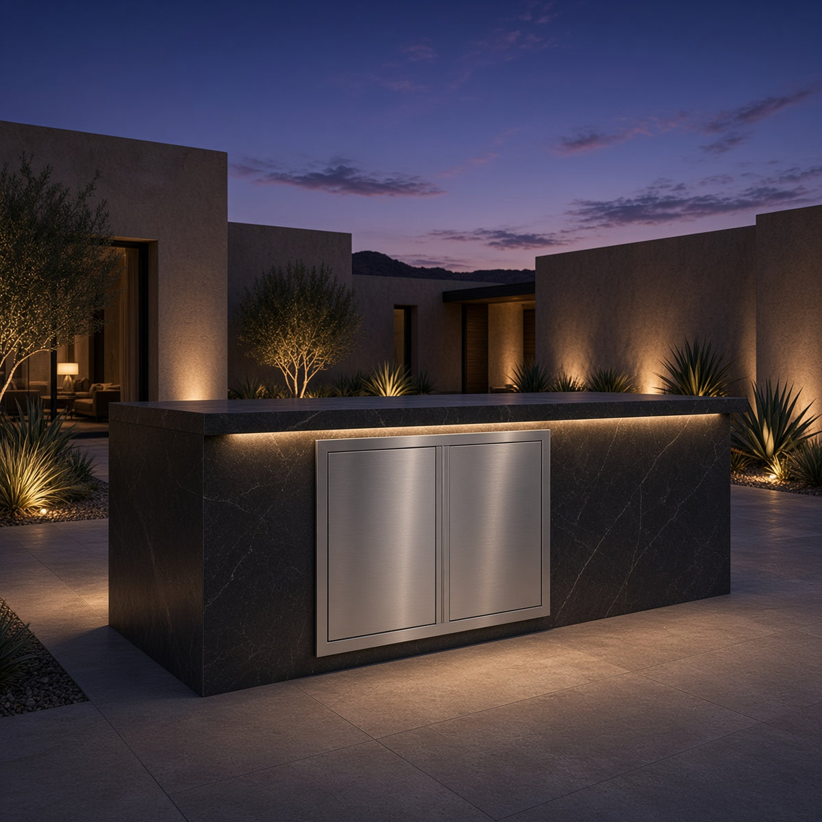 AMG 36-Inch Deluxe Double Access Door installed in an outdoor kitchen island at dusk