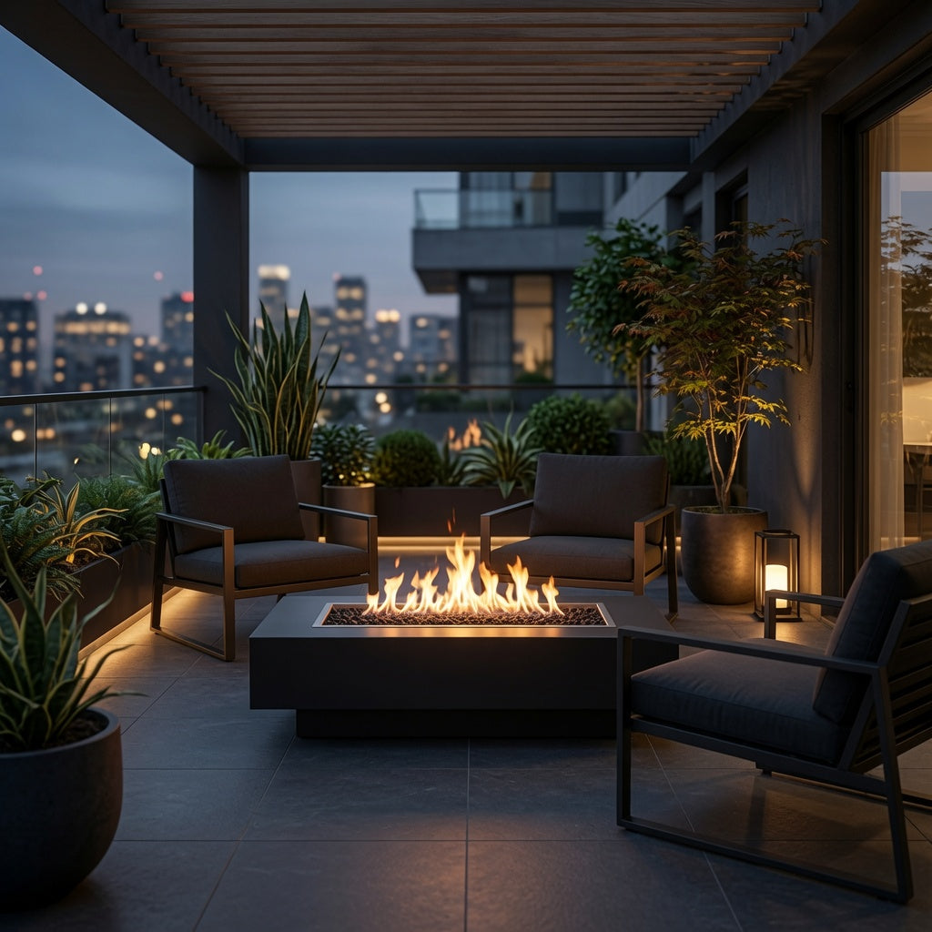 Coronado Fire Pit 48", matte black finish, lit on a rooftop balcony patio with a city skyline view at dusk